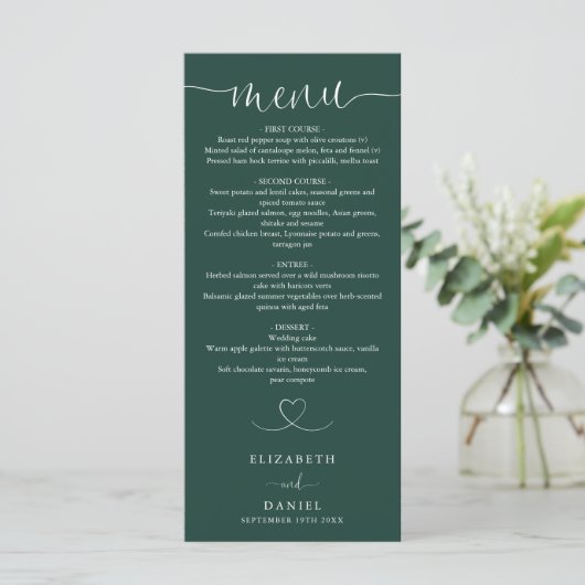 Emerald Green Heart Script Trouwdiner Menu (Staand voorkant)