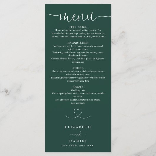 Emerald Green Heart Script Trouwdiner Menu (Voorkant)