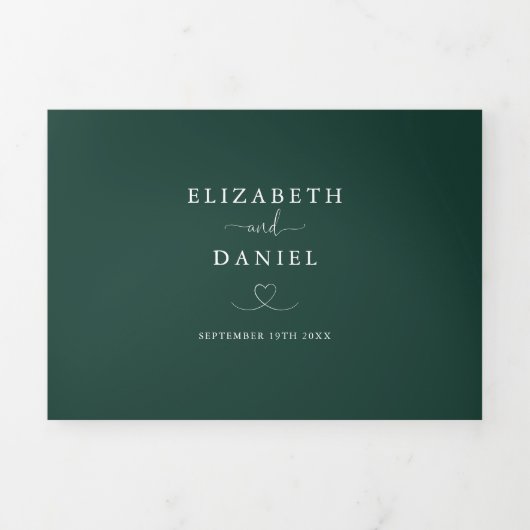 Emerald Green Heart Script Wedding Drieluik Uitnodiging (Cover)