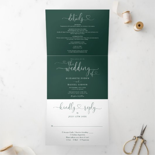 Emerald Green Heart Script Wedding Drieluik Uitnodiging (Binnen)