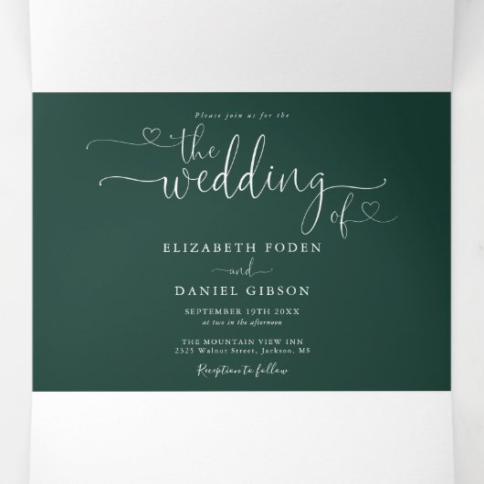 Emerald Green Heart Script Wedding Drieluik Uitnodiging (Binnenkant midden)