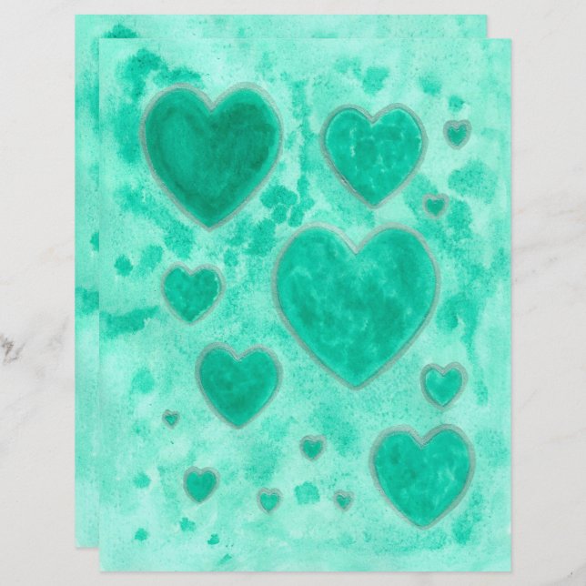 Emerald Green Hearts Waterverf Scrapbook Paper (Voorkant / Achterkant)