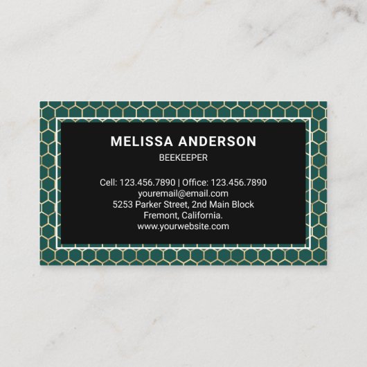 Emerald Green Honeycomb Gold Foil Honey Bee Visitekaartje (Achterkant)