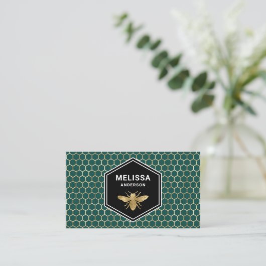 Emerald Green Honeycomb Gold Foil Honey Bee Visitekaartje (Staand voorkant)