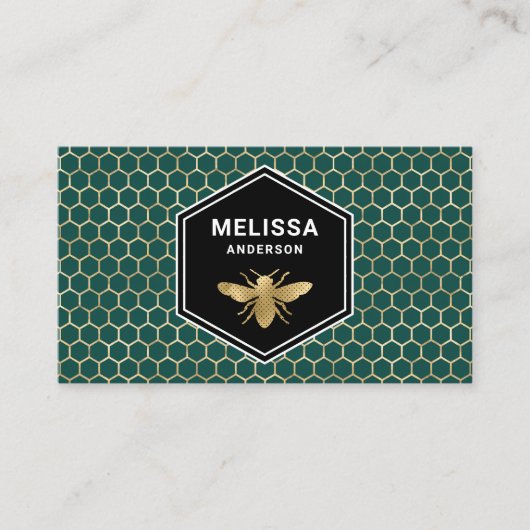 Emerald Green Honeycomb Gold Foil Honey Bee Visitekaartje (Voorkant)