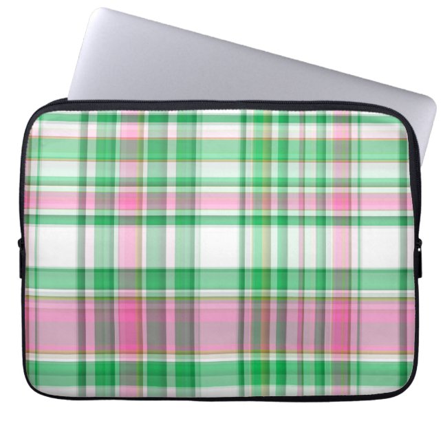 Emerald Green, Hot Pink, White Preppy Madras Pset Laptop Sleeve (Voorkant)