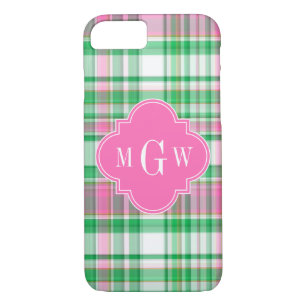 Emerald Green Hot Pink Wht Preppy Madras Monogram iPhone 8/7 Hoesje