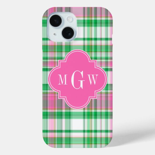 Emerald Green Hot Pink Wht Preppy Madras Monogram Case-Mate iPhone Case (Achterkant)