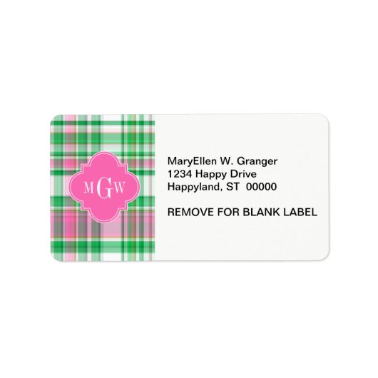 Emerald Green Hot Pink Wht Preppy Madras Monogram Etiket (Voorkant)
