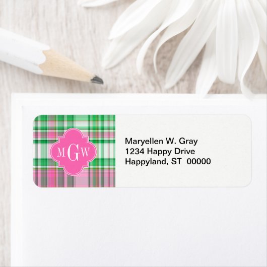 Emerald Green Hot Pink Wht Preppy Madras Monogram Etiket (Insitu)