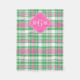 Emerald Green Hot Pink Wht Preppy Madras Monogram Fleece Deken