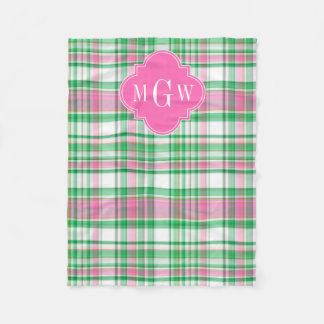 Emerald Green Hot Pink Wht Preppy Madras Monogram Fleece Deken