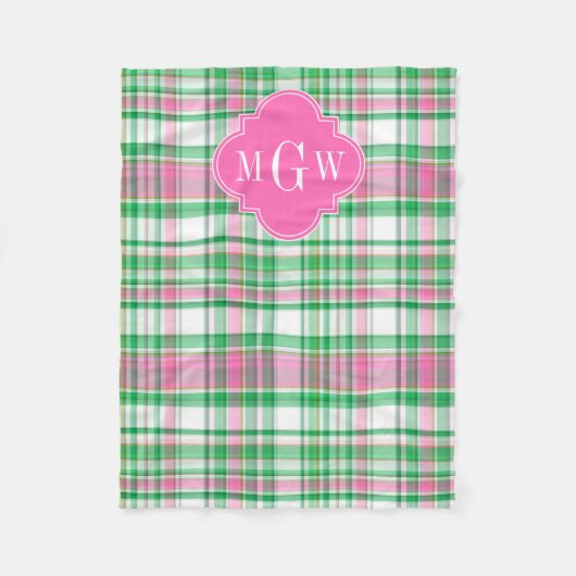 Emerald Green Hot Pink Wht Preppy Madras Monogram Fleece Deken (Voorkant)