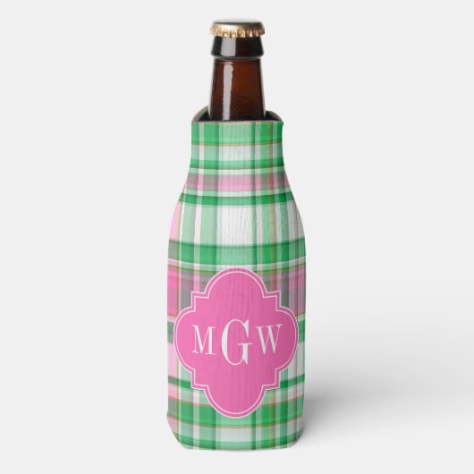 Emerald Green Hot Pink Wht Preppy Madras Monogram Flesjeskoeler (Fles Voorkant)