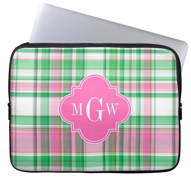 Emerald Green Hot Pink Wht Preppy Madras Monogram Laptop Sleeve (Voorkant)