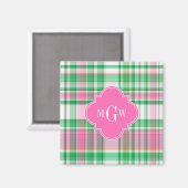 Emerald Green Hot Pink Wht Preppy Madras Monogram Magneet (Voorkant / Achterkant)