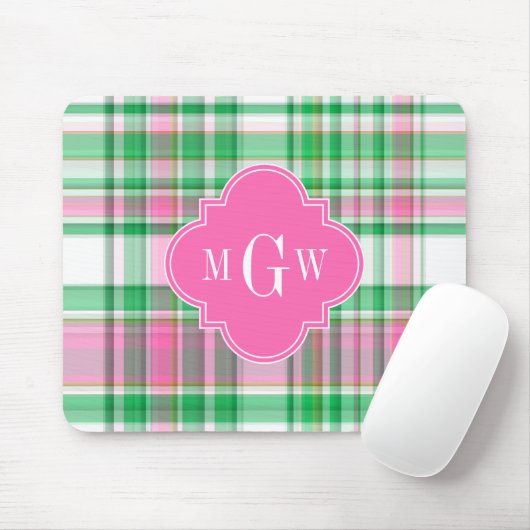Emerald Green Hot Pink Wht Preppy Madras Monogram Muismat (Met muis)