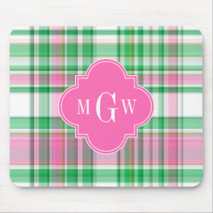 Emerald Green Hot Pink Wht Preppy Madras Monogram Muismat
