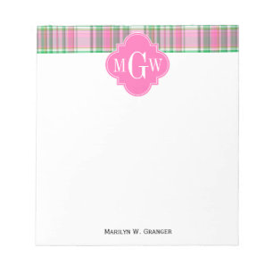 Emerald Green Hot Pink Wht Preppy Madras Monogram Notitieblok