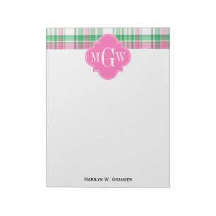 Emerald Green Hot Pink Wht Preppy Madras Monogram Notitieblok