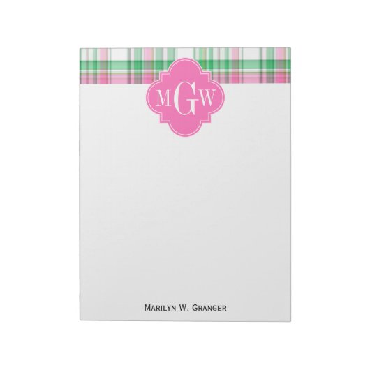 Emerald Green Hot Pink Wht Preppy Madras Monogram Notitieblok (Linkerzijde)