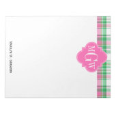 Emerald Green Hot Pink Wht Preppy Madras Monogram Notitieblok (Voorkant)
