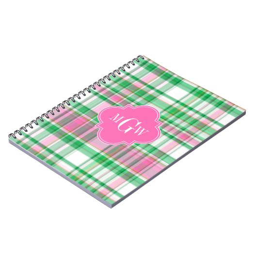 Emerald Green Hot Pink Wht Preppy Madras Monogram Notitieboek (Linkerzijde)