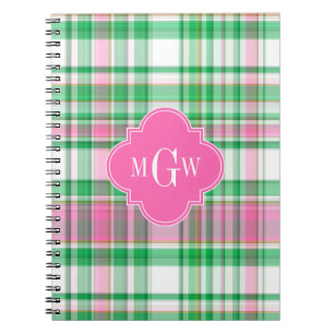 Emerald Green Hot Pink Wht Preppy Madras Monogram Notitieboek