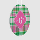 Emerald Green Hot Pink Wht Preppy Madras Monogram Ornament (voorkant)