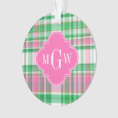 Emerald Green Hot Pink Wht Preppy Madras Monogram Ornament (voorkant)