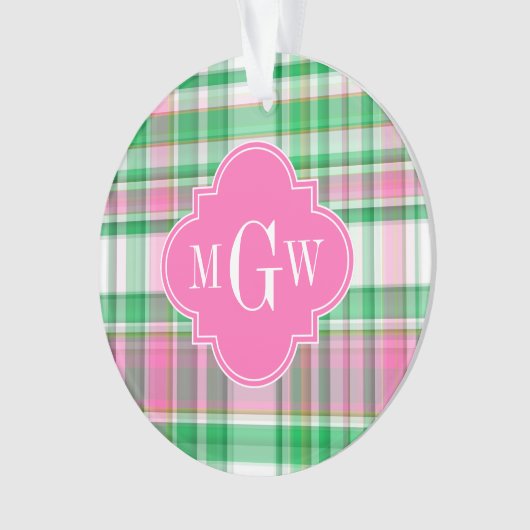 Emerald Green Hot Pink Wht Preppy Madras Monogram Ornament (voorkant)