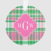 Emerald Green Hot Pink Wht Preppy Madras Monogram Ornament (voorkant)