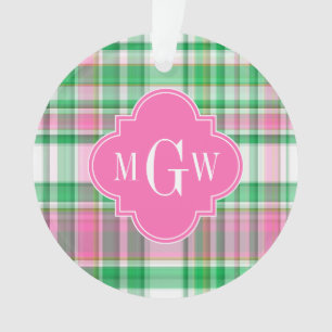 Emerald Green Hot Pink Wht Preppy Madras Monogram Ornament