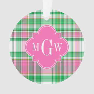 Emerald Green Hot Pink Wht Preppy Madras Monogram Ornament