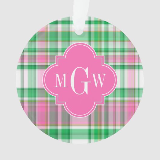 Emerald Green Hot Pink Wht Preppy Madras Monogram Ornament (voorkant)