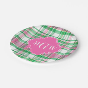 Emerald Green Hot Pink Wht Preppy Madras Monogram Papieren Bordje