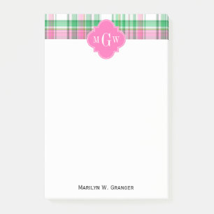 Emerald Green Hot Pink Wht Preppy Madras Monogram Post-it® Notes