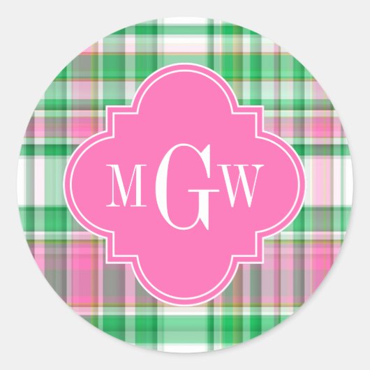 Emerald Green Hot Pink Wht Preppy Madras Monogram Ronde Sticker (Voorkant)