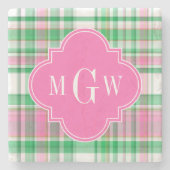 Emerald Green Hot Pink Wht Preppy Madras Monogram Stenen Onderzetter (Voorkant)