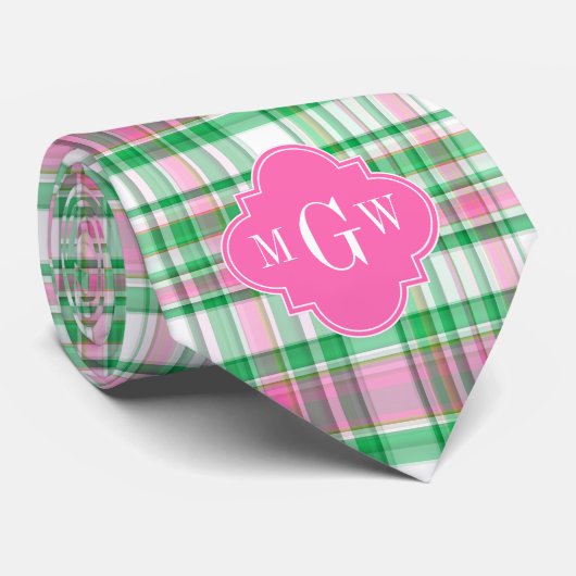 Emerald Green Hot Pink Wht Preppy Madras Monogram Stropdas (Opgerold)