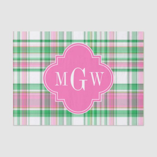 Emerald Green Hot Pink Wht Preppy Madras Monogram Tissuepapier (Voorkant)