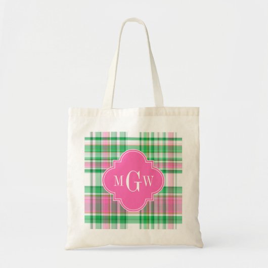 Emerald Green Hot Pink Wht Preppy Madras Monogram Tote Bag (Voorkant)