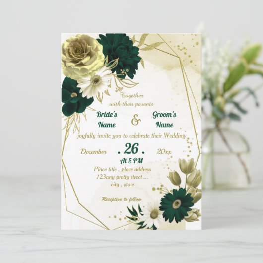 Emerald green iory gold florale geometrische bruil kaart (Staand voorkant)