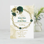 Emerald green ivory gold floral wreatous bruiloft kaart (Staand voorkant)