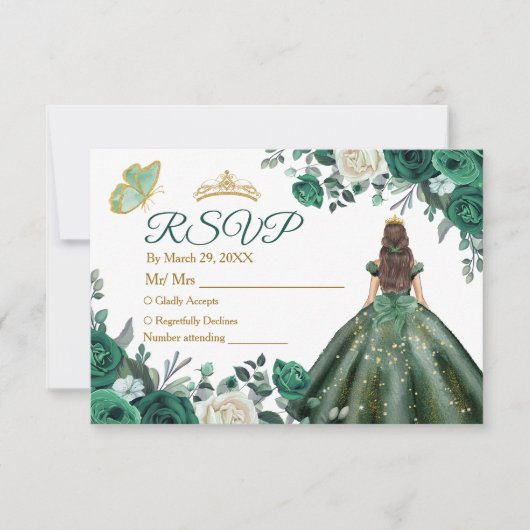 Emerald Green-jurken Quinceañera Crown RSVP-kaart Bedankkaart (Voorkant)