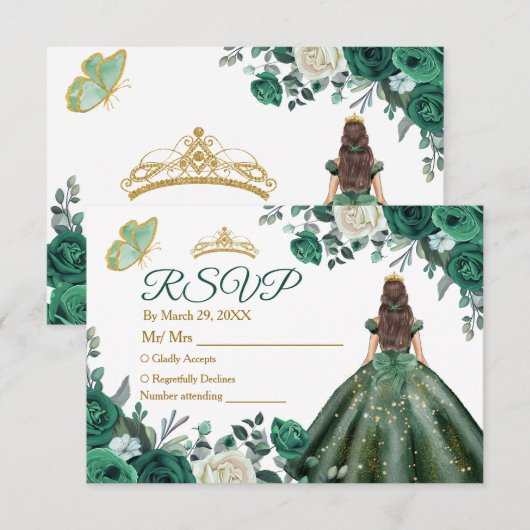 Emerald Green-jurken Quinceañera Crown RSVP-kaart Bedankkaart (Voorkant / Achterkant)