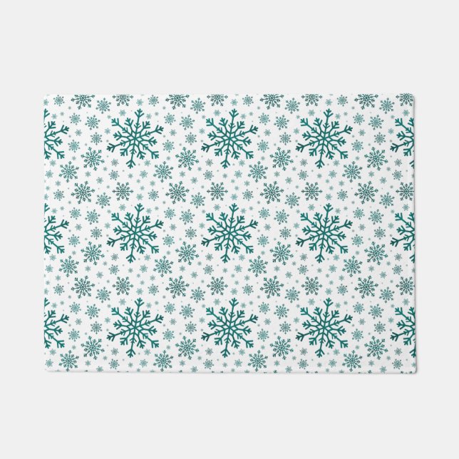 Emerald Green Kerstmis Snowflakes op Winter White Deurmat (Voorkant)