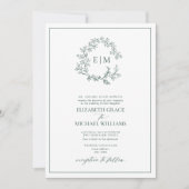 Emerald Green Leafy Crest Monogram Details Huwelij Kaart (Voorkant)