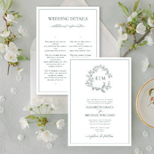 Emerald Green Leafy Crest Monogram Details Huwelij Kaart
