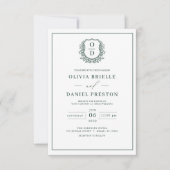 Emerald Green Leafy Crest Monogram Elegante bruilo Kaart (Voorkant)